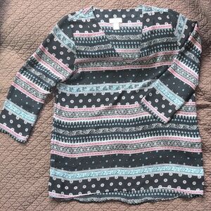 LOFT Black Blouse with Pink and Blue Patterns